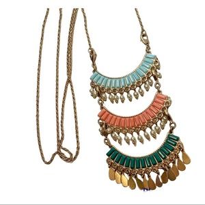 boho Gold tone long tiered colorful beaded necklace fun spring summer